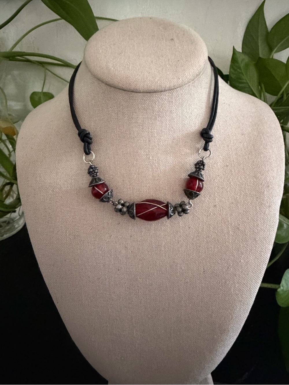 Vintage Chico’s Red Glass Bead Yemen Style Silver Black Cord Necklace